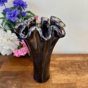 Murano Master Glass Vase – Copper Aventurine Ruffled‎ Top with Original Label